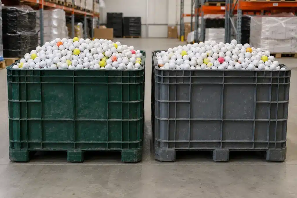 Two bulk crates filled with used golf balls in a warehouse